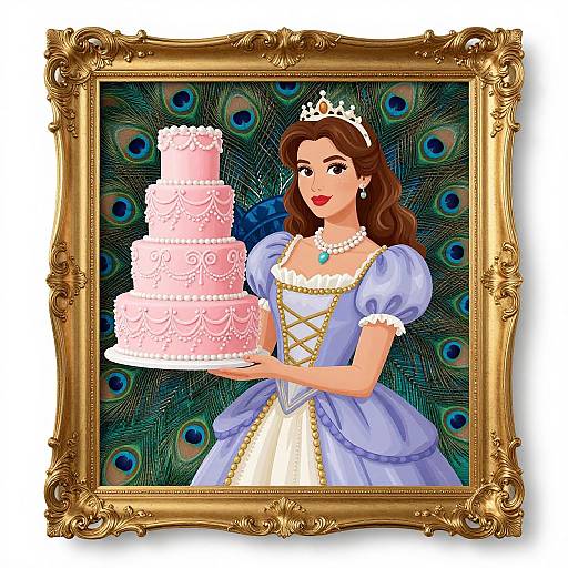 Digital illustration of a fairytale princess with brown hair, blue dress, and crown, holding a pink, three-tiered cake, framed in an