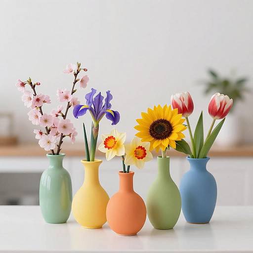 Vibrant Floral Arrangement in Colorful Vases