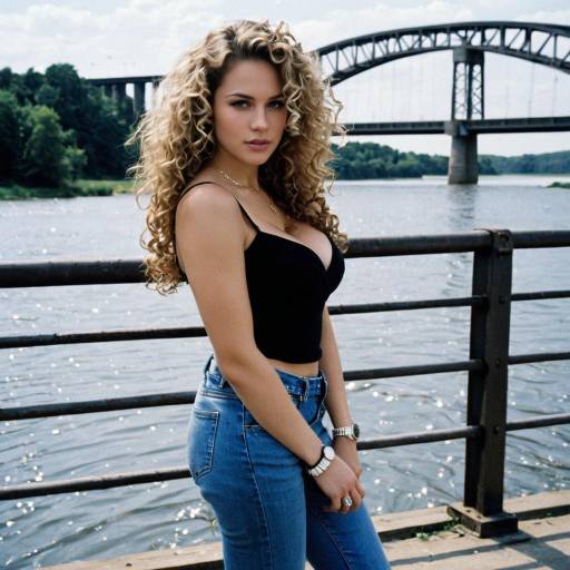 Blonde Woman Standing by River with Bridge Background