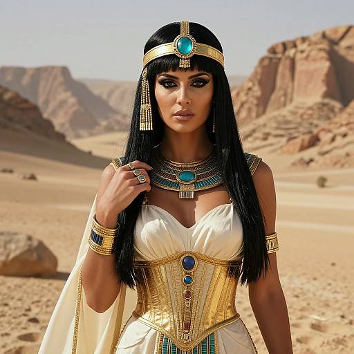 Photograph of an Egyptian goddess-like woman with long black hair, wearing a gold and turquoise corset, headpiece, and jewelry, standing in a