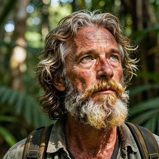 Photograph of a rugged, middle-aged man with wild gray hair, bushy white beard, green eyes, and forest background, wearing camouflage shirt and