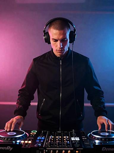 Male DJ Mixing Music in Neon Club