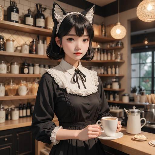 Young woman in maid costume holding coffee cup