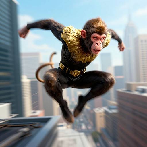 CGI image of a black-furred, yellow-gold armored monkey leaping between skyscrapers in a sunlit urban cityscape, mid-action