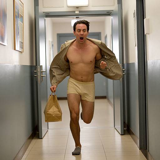 Photograph of a shocked, shirtless man in beige underwear, gray socks, and an open jacket, running down a brightly lit hallway with a brown