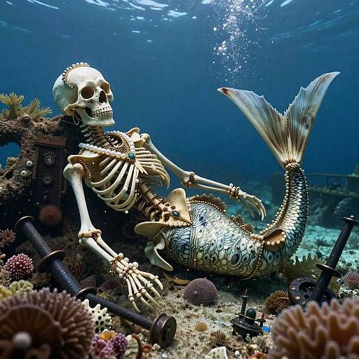 Ancient Mermaid Skeleton with Pirate Treasures