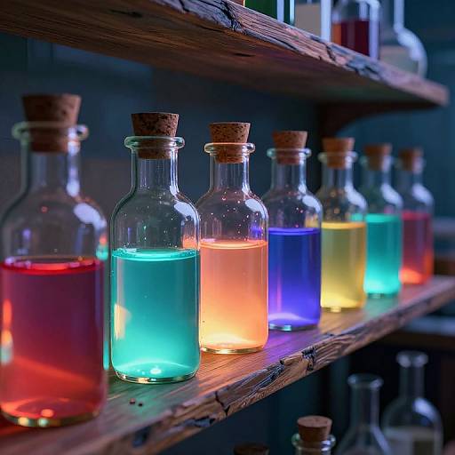 Photograph of colorful glass bottles with cork stoppers, containing glowing red, blue, orange, and yellow liquids, on rustic wooden shelves in a dim