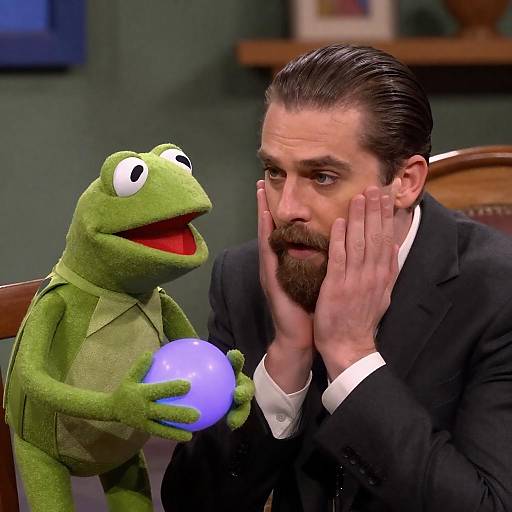 Intense Man with Cheerful Frog Puppet