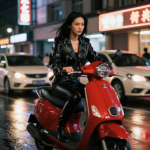 Photograph of a confident, dark-haired woman in a shiny black leather jacket riding a red scooter at night on a wet, neon-lit city street