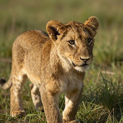 Young Lion Cub in Sunlit Grass