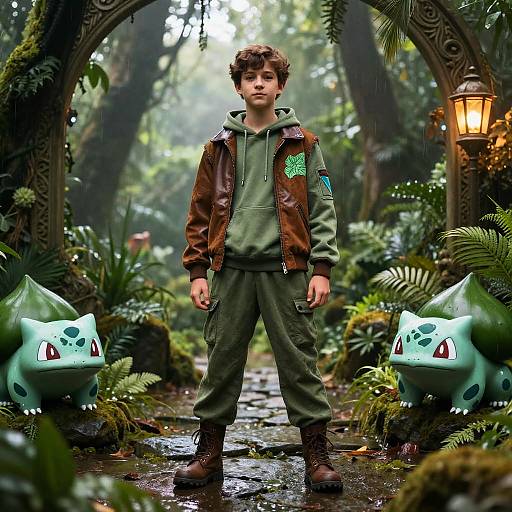 Photorealistic CGI: Young boy with curly brown hair, green hoodie, brown leather jacket, and green pants stands in a lush, misty forest