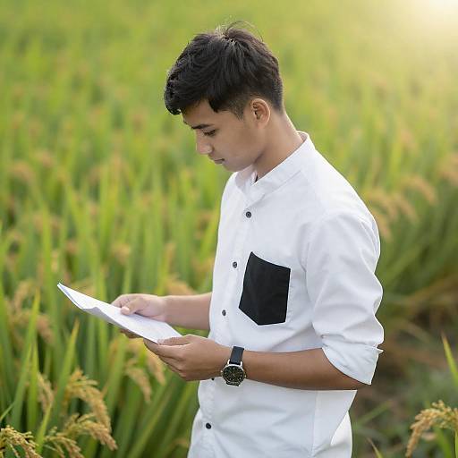 Young Man in Lush Rice Field