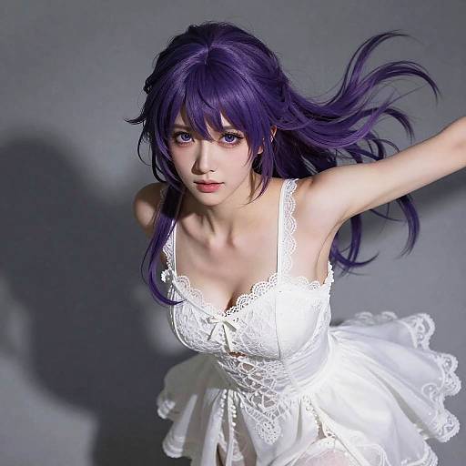 Young Woman in White Lace Dress with Purple Hair