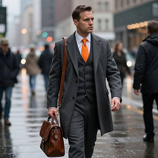 Photograph of a handsome, dark-haired man in a gray three-piece suit with an orange tie, carrying a brown leather bag, walking on a wet