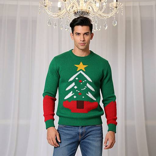 Photograph of a young man with short black hair, wearing a green Christmas sweater with a tree design, red sleeves, and blue jeans, standing in