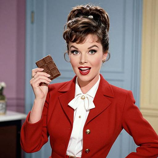 Photorealistic digital art of a 1950s-style woman with dark hair in an updo, wearing a red blazer and white blouse,