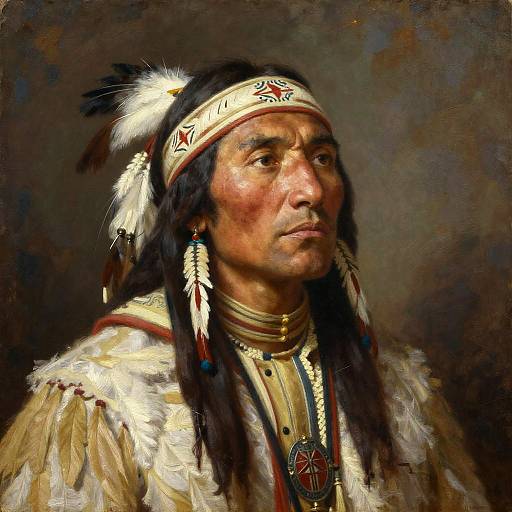Digital painting of a Native American man with long black hair, feathers, and intricate headband, wearing traditional fur and beadwork attire.