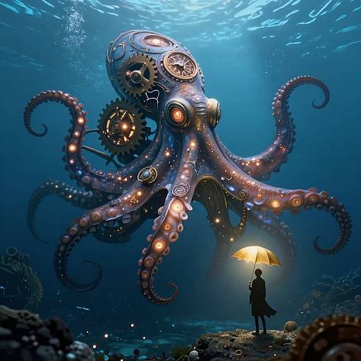 Digital illustration of a steampunk octopus with glowing gears and lights, illuminated by a small yellow umbrella held by a silhouetted figure,