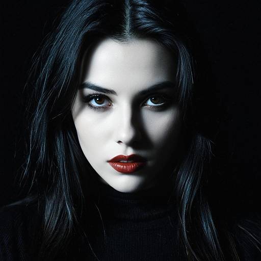 Photograph of a woman with pale skin, dark hair, red lips, and intense gaze, illuminated from the left, against a black background. Dram