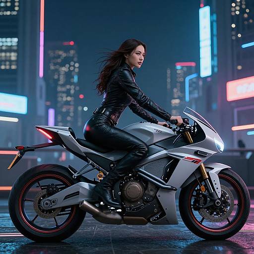 Futuristic Woman on Neon Sci-Fi Motorcycle