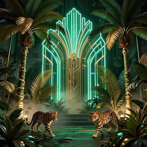 Digital artwork: Neon-lit, futuristic archway flanked by palm trees, with two striped tigers walking in front, surrounded by lush greenery