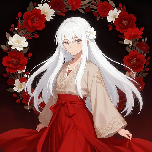 Digital anime-style drawing of a white-haired girl in a red kimono and white floral robe, surrounded by red and white flowers against a dark background.