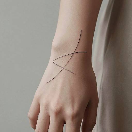 Photograph of a light-skinned hand with a minimalist black ink line tattoo forming an abstract 