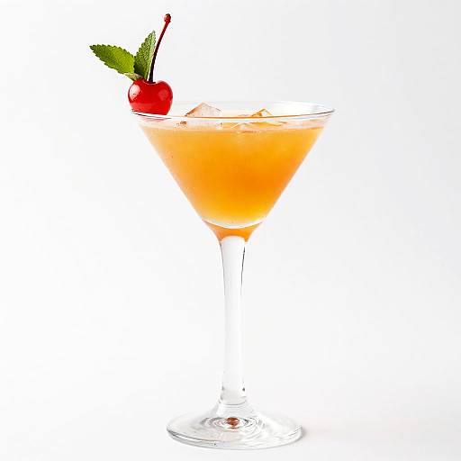 Photograph of a vibrant orange cocktail in a martini glass, garnished with a red cherry and green mint leaf, set against a white background.