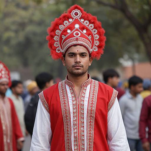 Photograph of a young South Asian man in traditional red and white attire, adorned with an elaborate red feathered headdress, standing amidst a blurred outdoor