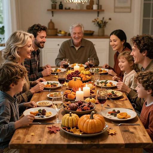Photograph of a joyful, multi-generational family of seven around a wooden dining table with candles, pumpkins, and Thanksgiving dishes, smiling and