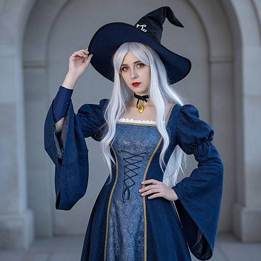Photograph of a pale-skinned woman with long white hair, wearing a black witch hat, blue corset dress, and black sleeves, standing in