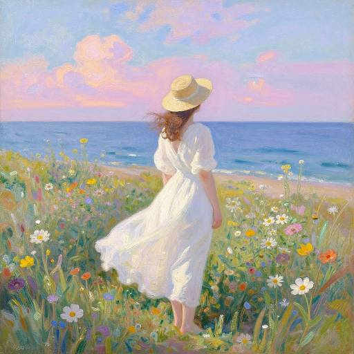Impressionist-style painting of a woman in a white dress and straw hat, standing in a colorful flower field, facing a vibrant blue ocean under a