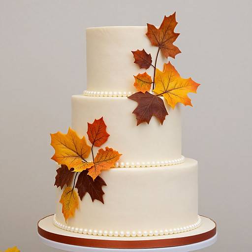 Photograph of a three-tiered white cake adorned with orange and brown autumn leaves, bordered by white pearl-like decorations.
