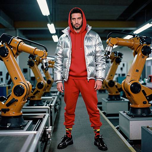 Photograph of a bearded man in a red hoodie and silver puffer jacket, standing between yellow industrial robotic arms in a factory setting.