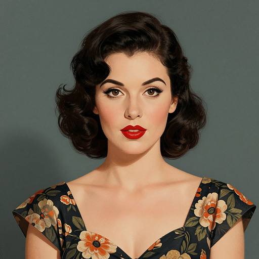 Digital illustration of a fair-skinned woman with vintage-style, wavy black hair, wearing a black floral dress with red lipstick, against a teal background