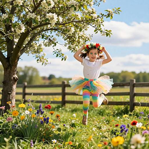 Photograph of a joyful young girl with a flower crown, white top, and colorful tutu and leggings, jumping in a sunlit, flower-filled