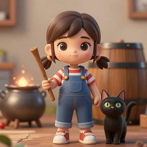 Young Girl with Cat in CGI Art