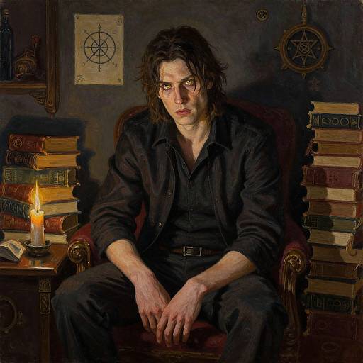 Mysterious man with long, dark hair sits in a dimly lit, dark room, surrounded by books, a burning candle, and occult symbols.