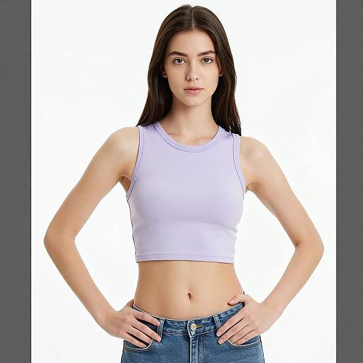 Photograph of a young woman with long dark brown hair, wearing a white sleeveless crop top and blue jeans, standing with hands on hips against a