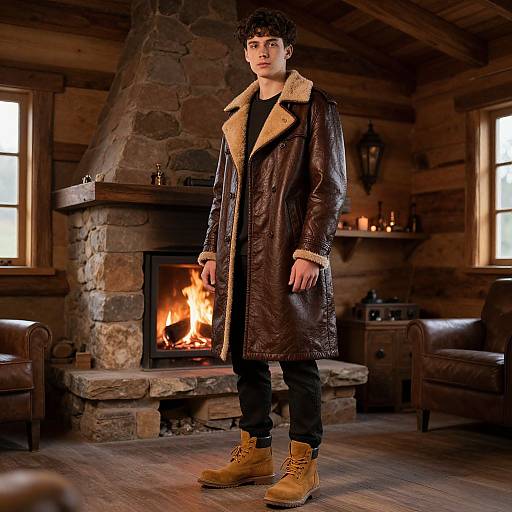 Young Man in Rustic Cabin at Golden Hour