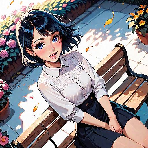 Anime-style digital drawing of a smiling young woman with blue eyes and black hair, wearing a white blouse and black skirt, sitting on a wooden bench with