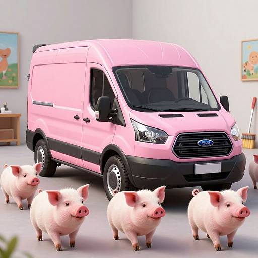 Digital illustration of a pink Ford van in a bright room with four pink piglets in the foreground.