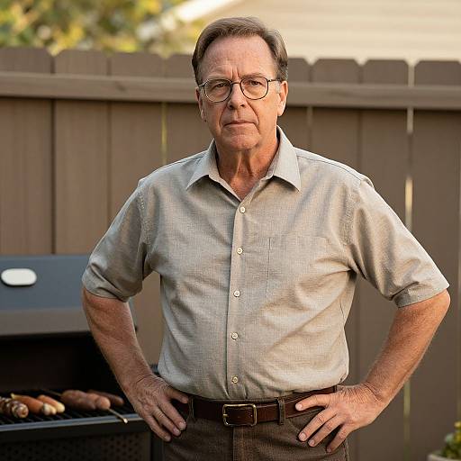 Photograph of an older man with glasses, gray short-sleeve shirt, brown pants, standing hands on hips, in front of a wooden fence