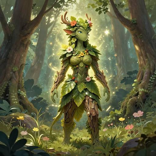Digital fantasy artwork of a green-skinned, leaf-armored female fairy with antlers, flowers in hair, standing in a sunlit forest.