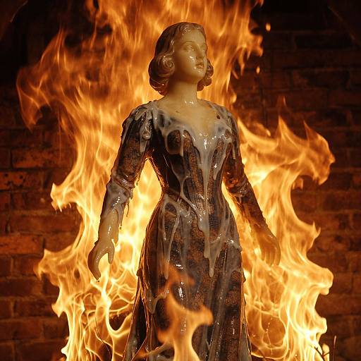 Photograph of a wax statue of a woman in a dress engulfed in bright orange flames against a dark brick wall.
