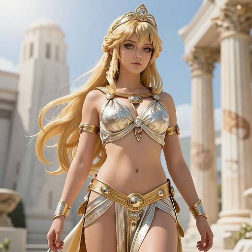 Digital art of a blonde woman with long hair, wearing a silver and gold ancient Greek-inspired outfit, standing in a sunlit, classical architectural background.