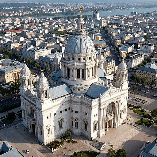 Aerial photograph of a grand, white, neoclassical cathedral with a large dome and two smaller towers, surrounded by a sprawling urban cityscape