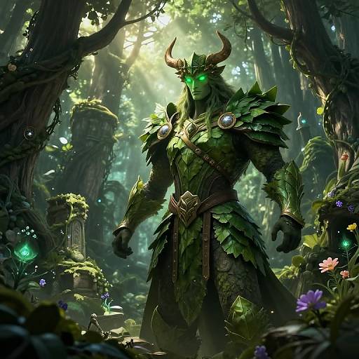 Digital fantasy artwork of a green-skinned, horned, glowing-eyed forest creature in leafy armor, standing in a sunlit, enchanted forest with