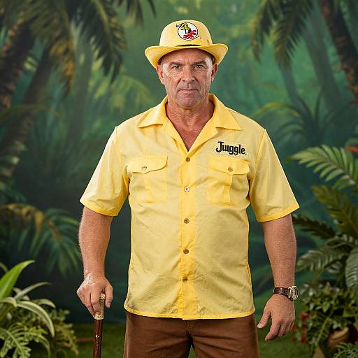 Photograph of an older white man with gray hair, wearing a yellow Jungle hat and shirt, brown pants, and holding a cane, standing in a