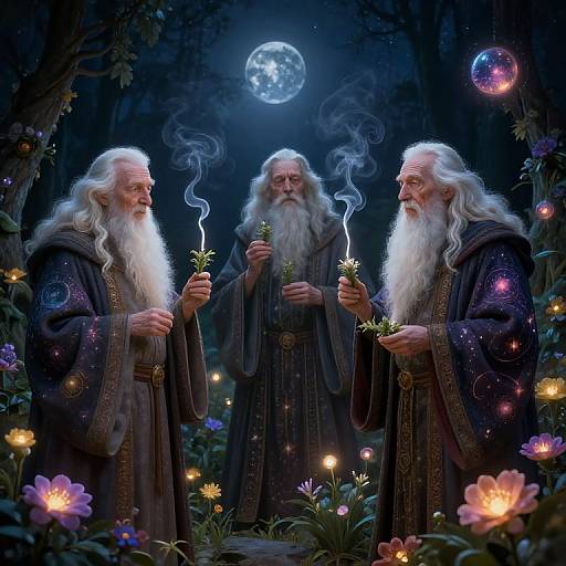 Three wise, long-bearded wizards with flowing white hair, holding smoking flowers, stand under a full moon in a magical, starry forest, surrounded
